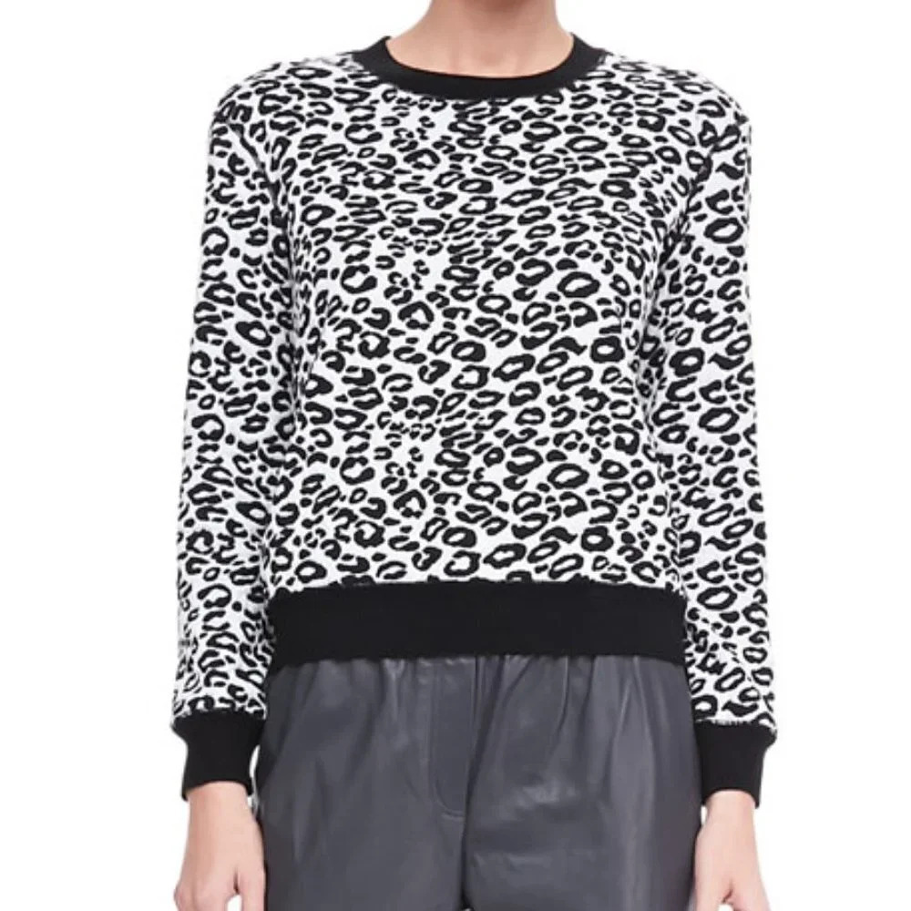 Rebecca Taylor Black/White Leopard Print Long Sleeve Pullover Sweatshirt Size S